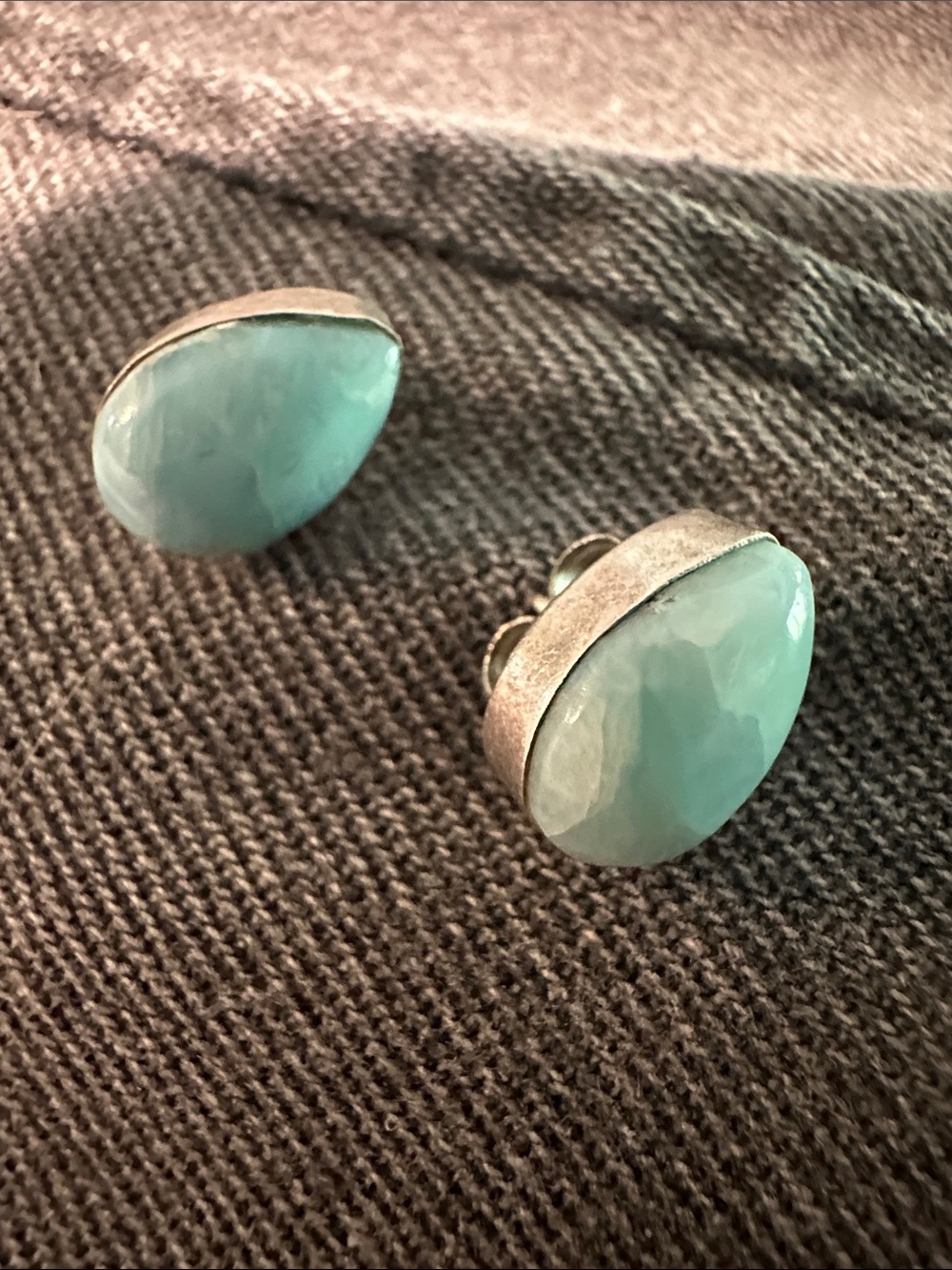 Silver Teardrop Larimar Stone Stud Earrings